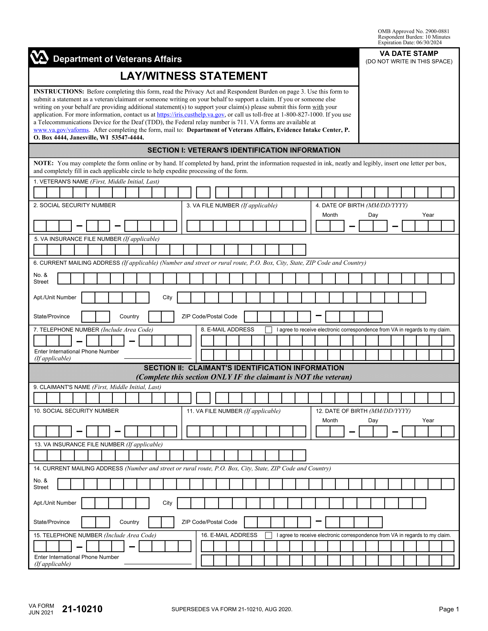 VA Form 21 10210 Lay Witness Statement Forms Docs 2023