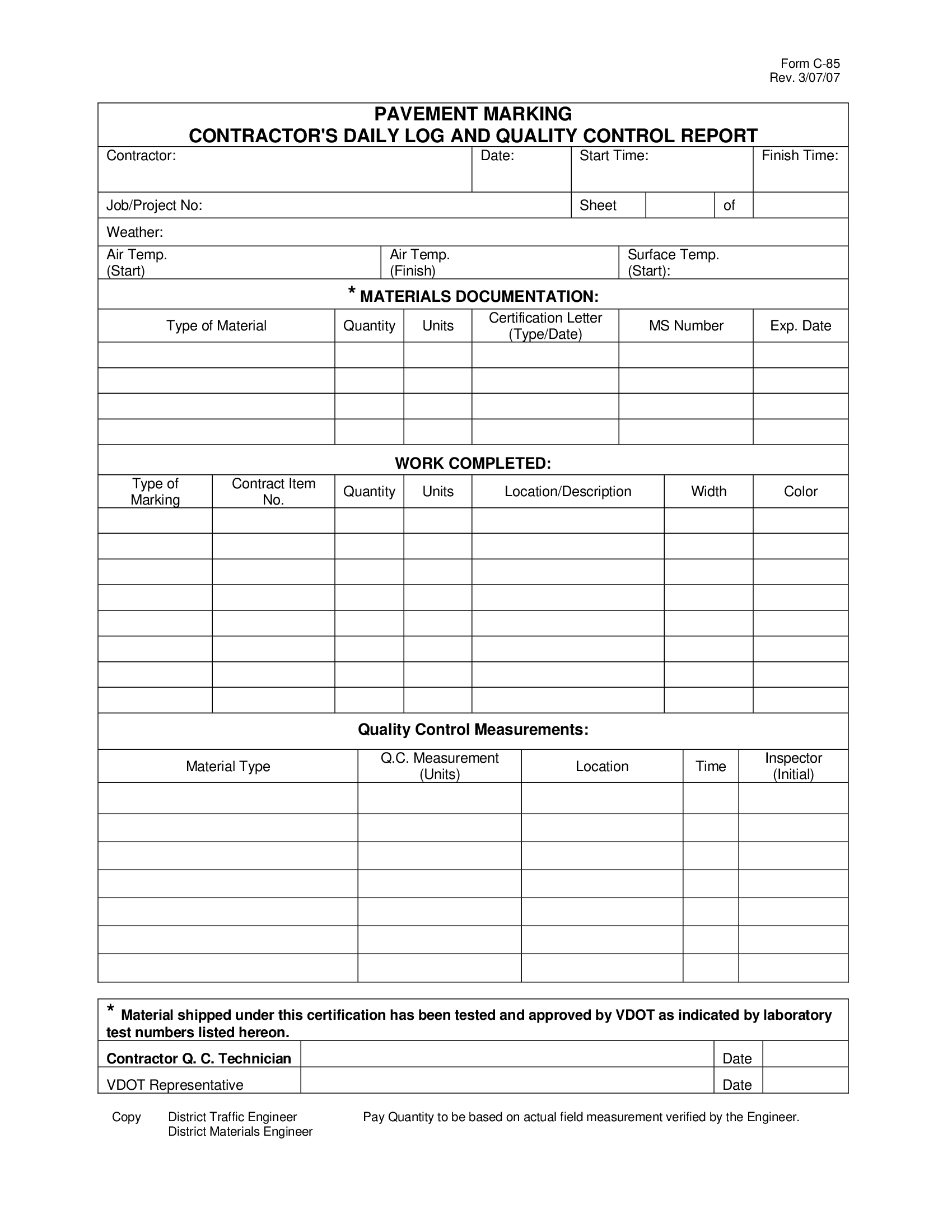 VDOT Form C-85. Pavement Marking Contractor's Daily Log and Quality ...