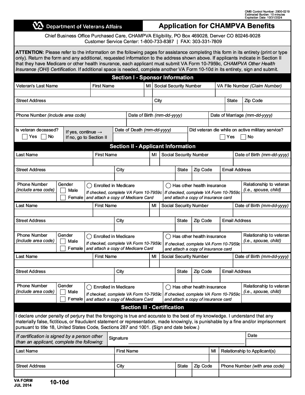 VA Form 1010d. Application for CHAMPVA Benefits Forms Docs 2023