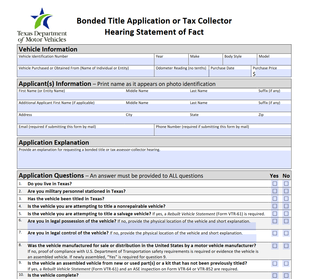 Form VTR-130-SOF. Bonded Title Application or Tax Collector Hearing ...