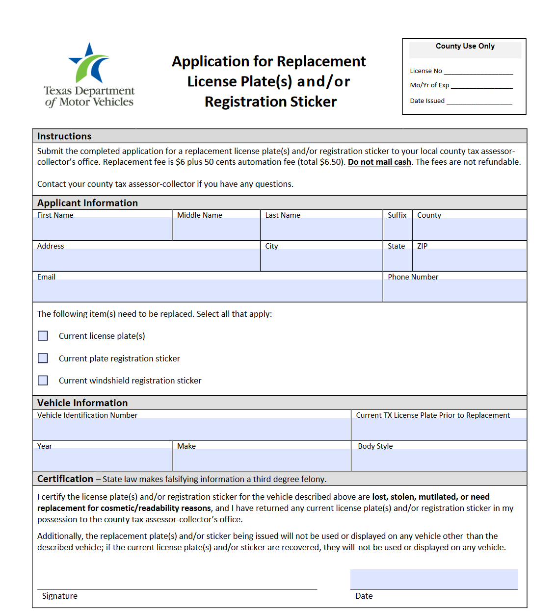 Form VTR 60 Application For Replacement License Plate And Vehicle 