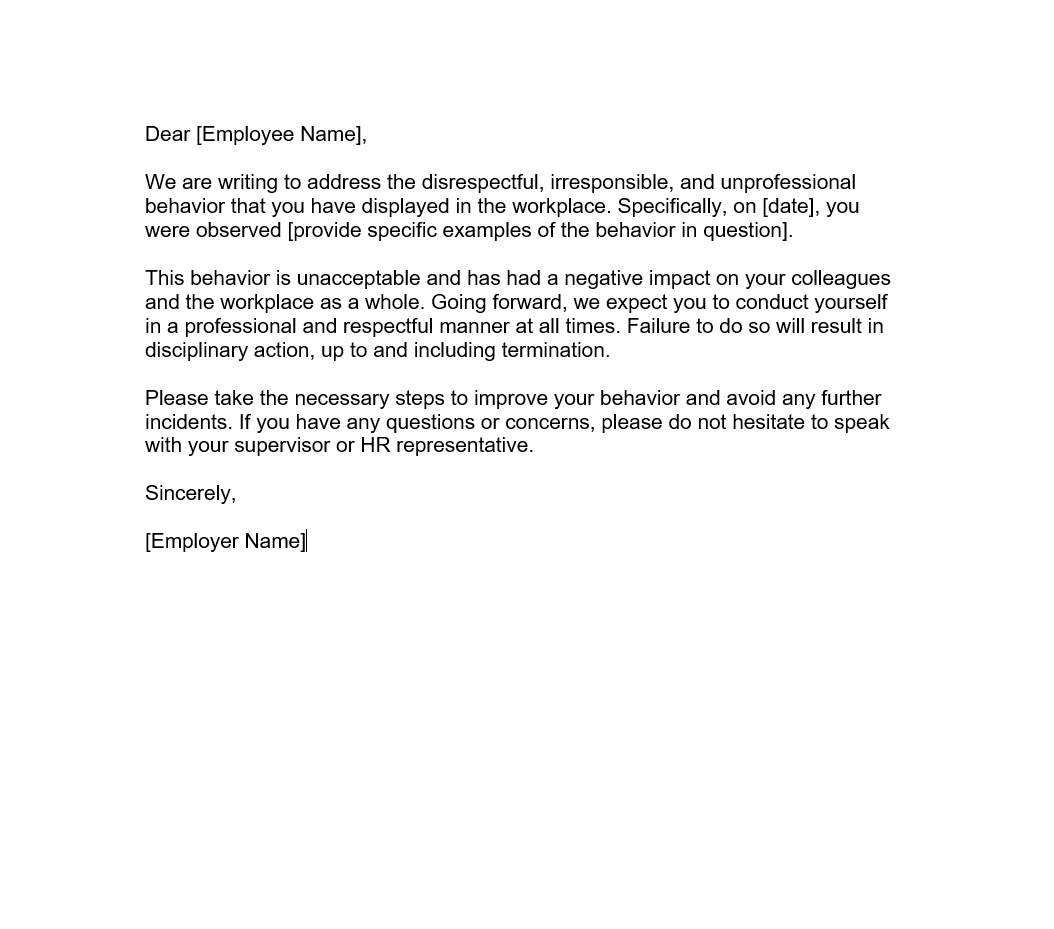 Warning Letter to Employee for Unacceptable Behaviour | Forms - Docs - 2023