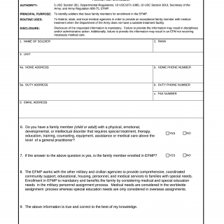 DA Form 7415. Exceptional Family Member Program (EFMP) Querying Sheet