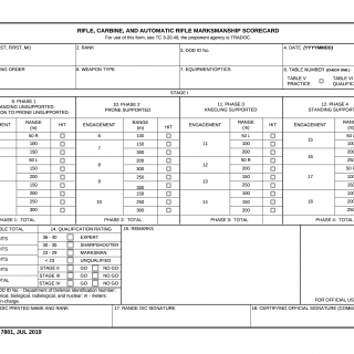 DA Form 7801. Rifle, Carbine, and Automatic Rifle Marksmanship Scorecard