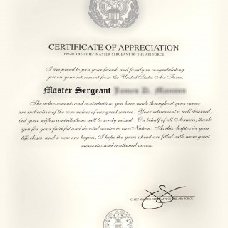 AF Form 4370. Chief Master Sergeant of the Air Force Retirement Certificate
