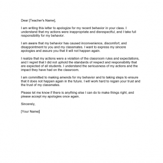 Apology letter to teacher for misbehavior