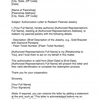 Authorization Letter to Redeem Pawned Jewelry