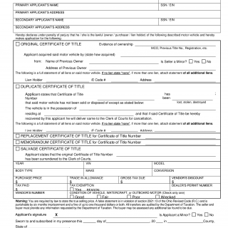 Form BMV 3774. Applications for Certificate of Title to a Motor Vehicle
