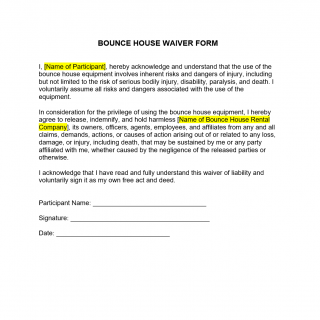 Bounce House Waiver Form sample