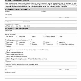 CA DMV Form ADM 140. Language Access Complaint Form