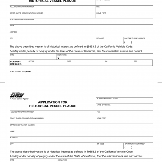 CA DMV Form Boat 100. Application for Historical Vessel Plaque