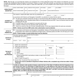 CA DMV Form Boat 177. Certification of Lien Sale for Vessel or Vessel with Trailer Valued at $1,500 or Less