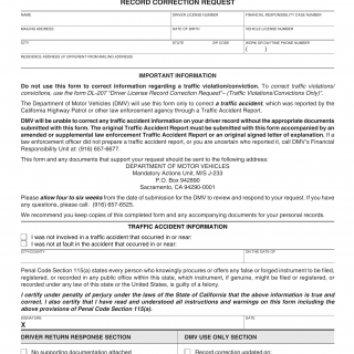 CA DMV Form DL 208. Traffic Accident Record Correction Request (Traffic Accident Information Only)