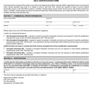 CA DMV Form DL 694. California Commercial Driver License Self-Certification Form