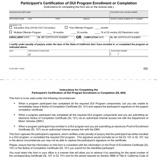 CA DMV Form DL 804. Participant's Certification of DUI Program Enrollment or Completion