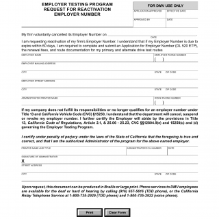 CA DMV Form DL 817 ETP. Employer Testing Program Request for Reactivation Employer Number