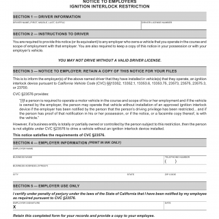 CA DMV Form DL 923. Notice to Employers Ignition Interlock Restriction