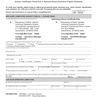 CA DMV Form DMV 8016. Request for Live Scan Service (Applicant Submission)