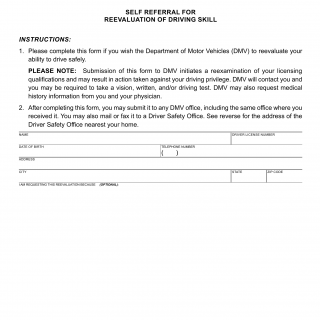CA DMV Form DS 699A. Self Referral for Reevaluation of Driving Skill