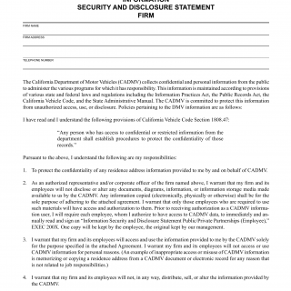 CA DMV Form EXEC 201X. Information Security and Disclosure Statement Firm