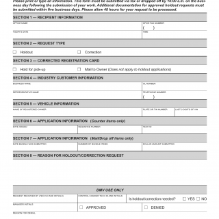 CA DMV Form FO 31. Industry Holdout Correction Request Fax Transmission Sheet