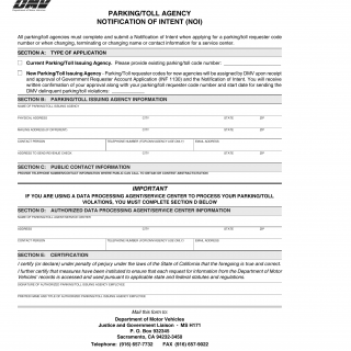CA DMV Form INF 198. Parking/Toll Agency Notification of Intent (NOI)