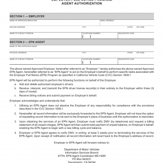 CA DMV Form INF 2110. Employer Pull Notice Agent Authorization form