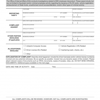CA DMV Form INV 19. Fraud Complaint Form