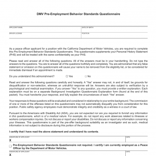 CA DMV Form INV 251. DMV Pre-Employment Behavior Standards Questionnaire