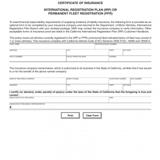 CA DMV Form MC 5009 I. Certificate of Insurance IRP or PFR