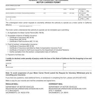 CA DMV Form MC 716 M. Request for Voluntary Withdrawal Motor Carrier Permit