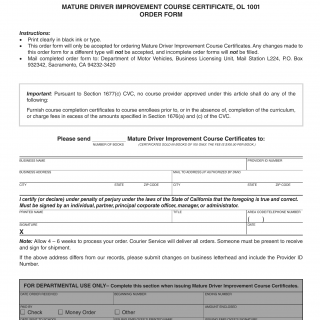 CA DMV Form OL 1005. Mature Driver Completion Certificate Order Form