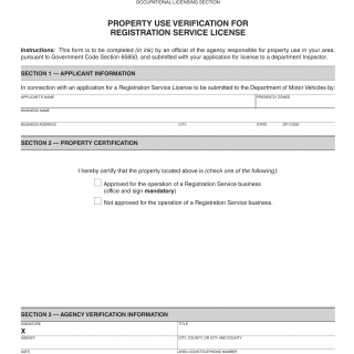 CA DMV Form OL 139. Property Use Verification for Registration Service License