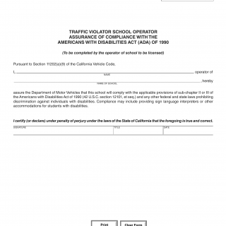 CA DMV Form OL 141. Traffic Violator School Operator Assurance of Compliance with the ADA of 1990