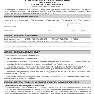 CA DMV Form OL 319. Autonomous Vehicle Tester (AVT) Program Application for Certificate of Self-Insurance