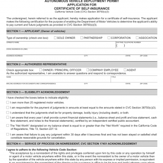 CA DMV Form OL 319A. Autonomous Vehicle Deployment Permit Application for Certificate of Self-Insurance