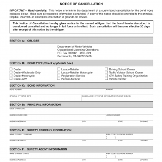 CA DMV Form OL 4007. Occupational License Notice of Cancellation