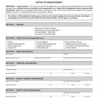 CA DMV Form OL 4008. Occupational License Notice of Reinstatement