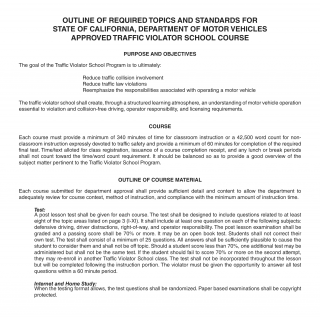 CA DMV Form OL 613. Outline of Required Topics and Standards for CA DMV Approved Traffic Violator School Course