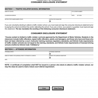 CA DMV Form OL 732. Traffic Violator School Voluntary Attendance Consumer Disclosure Statement