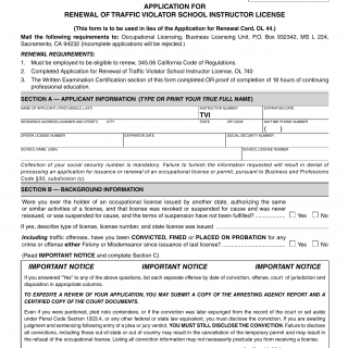 CA DMV Form OL 740. Application for Renewal of Traffic Violator School (TVS) Instructor License
