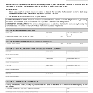 CA DMV Form OL 749. Official School Class Cancellation for Standard/Emergency Notification
