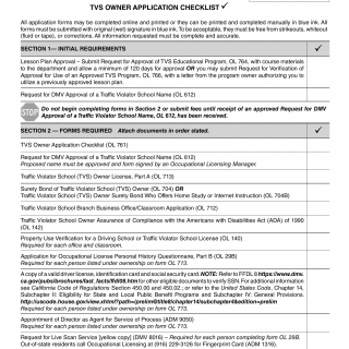 CA DMV Form OL 761. TVS Owner Application Checklist
