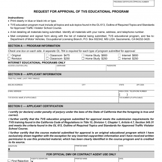 CA DMV Form OL 764. Request for Approval of TVS Educational Program