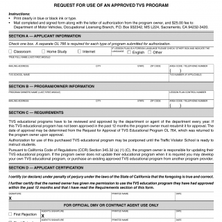 CA DMV Form OL 766. Request for Use of an Approved TVS Program