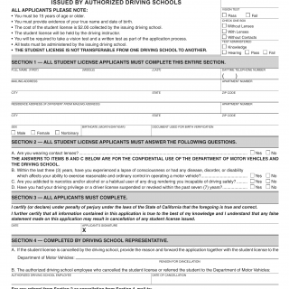 CA DMV Form OL 801. Driving School Application for Student License