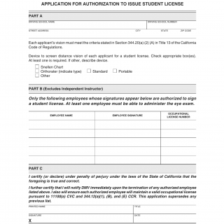 CA DMV Form OL 804. Application for Authorization to Issue Student License