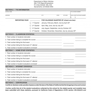 CA DMV Form OL 850. Traffic Violator School Quarterly Report