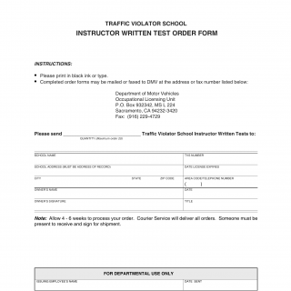 CA DMV Form OL 856. Traffic Violator School Instructor Written Test Order Form