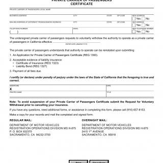 CA DMV Form REG 1308. Request for Voluntary Withdrawal Private Carrier of Passengers Certificate